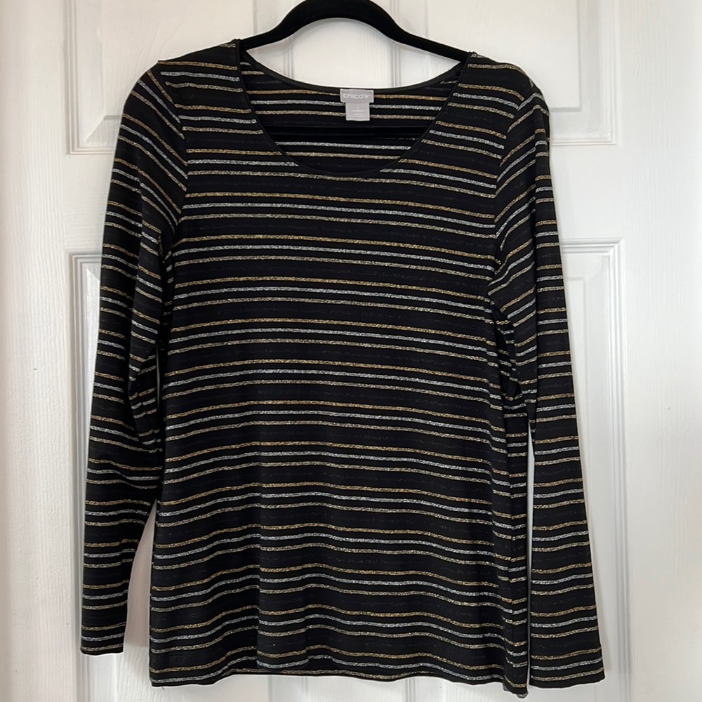 Chicos, black, long sleeve with shimmery stripes of gold, silver and black